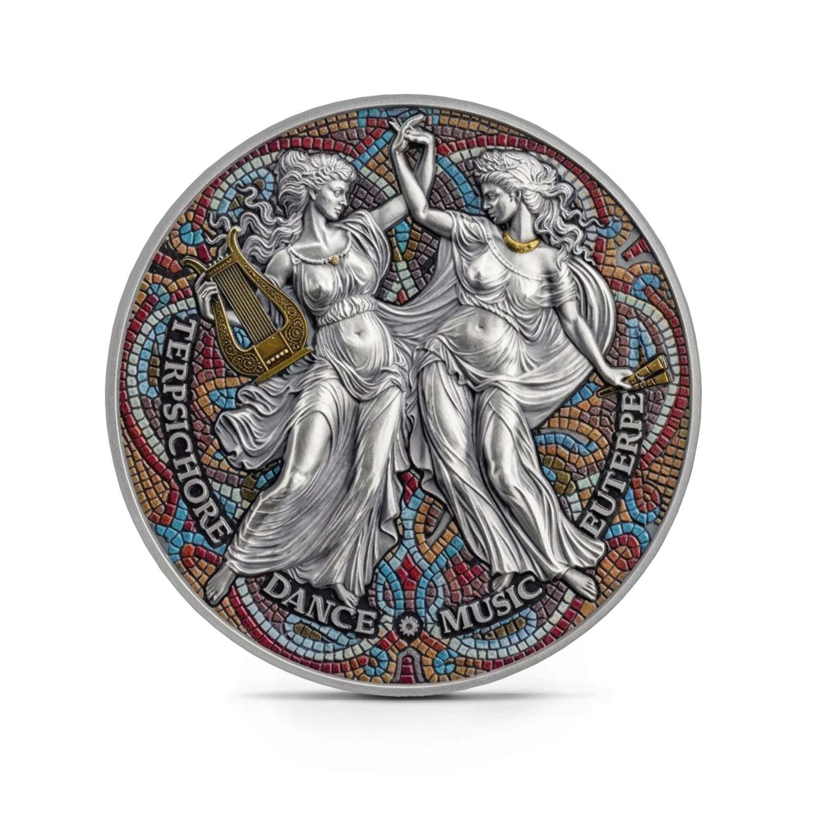Монета "Терпсихора и Эвтерпа. Девять Муз", 2025 г., Серебро, 62,2 гр., проба 999, КАМЕРУН
