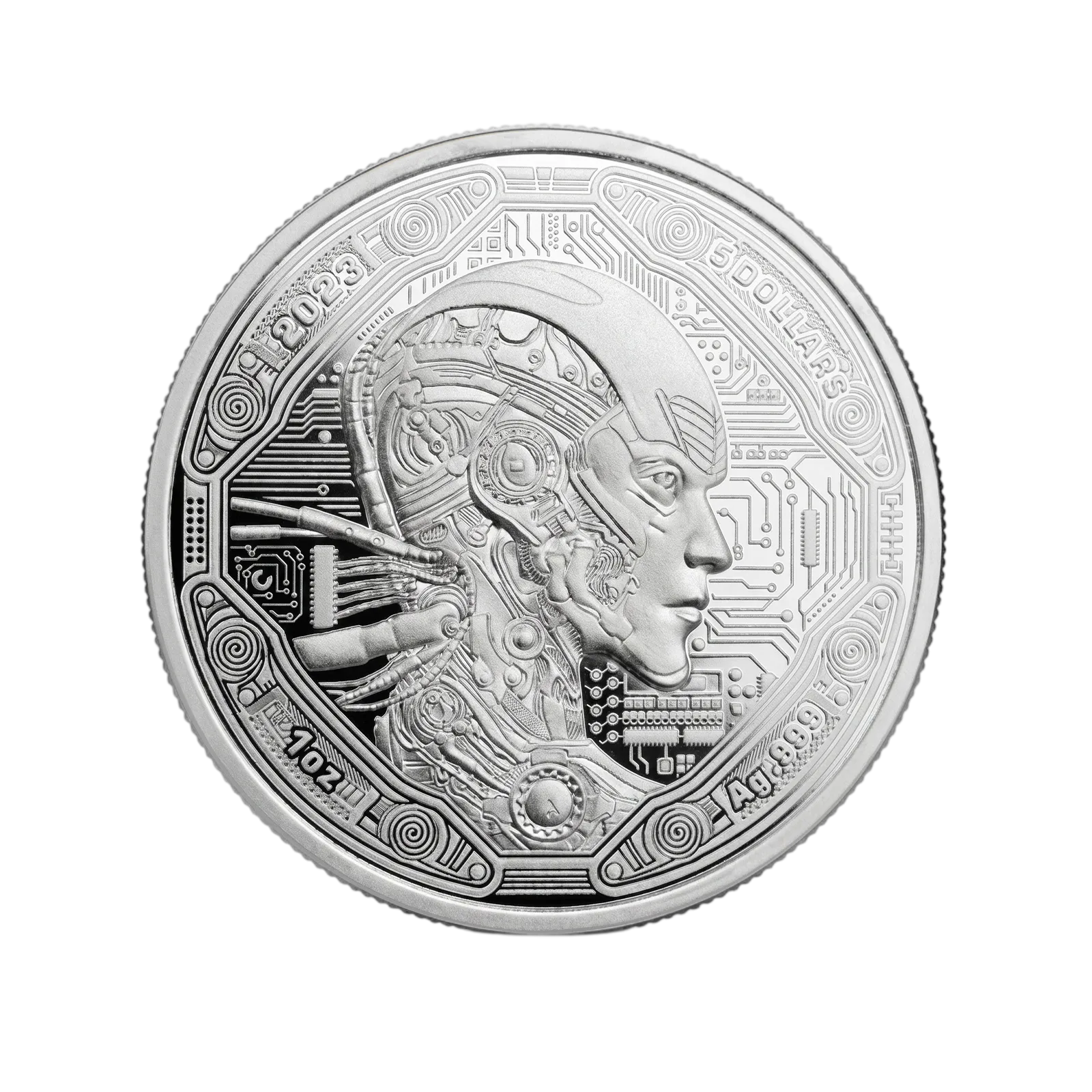 Монета "Эра инноваций. Киборг", 2023 г., Серебро, 31,1 гр., проба 999, САМОА
