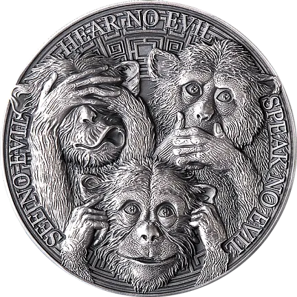 Монета "Три мудрые обезьяны", 2022 г., Серебро, 31,1 гр., проба 999, ГАНА