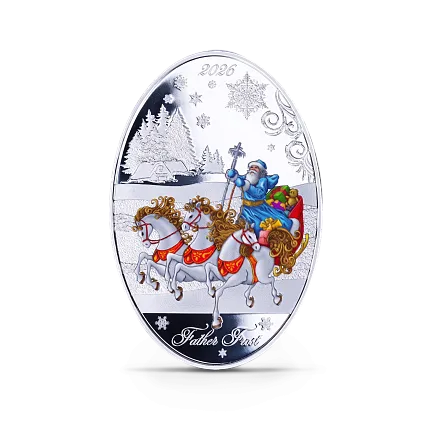 Монета "Дед Мороз и Снегурочка (матрешка)", 2026 г., Серебро, 31,1 гр., проба 999, СОЛОМОНОВЫ ОСТРОВА